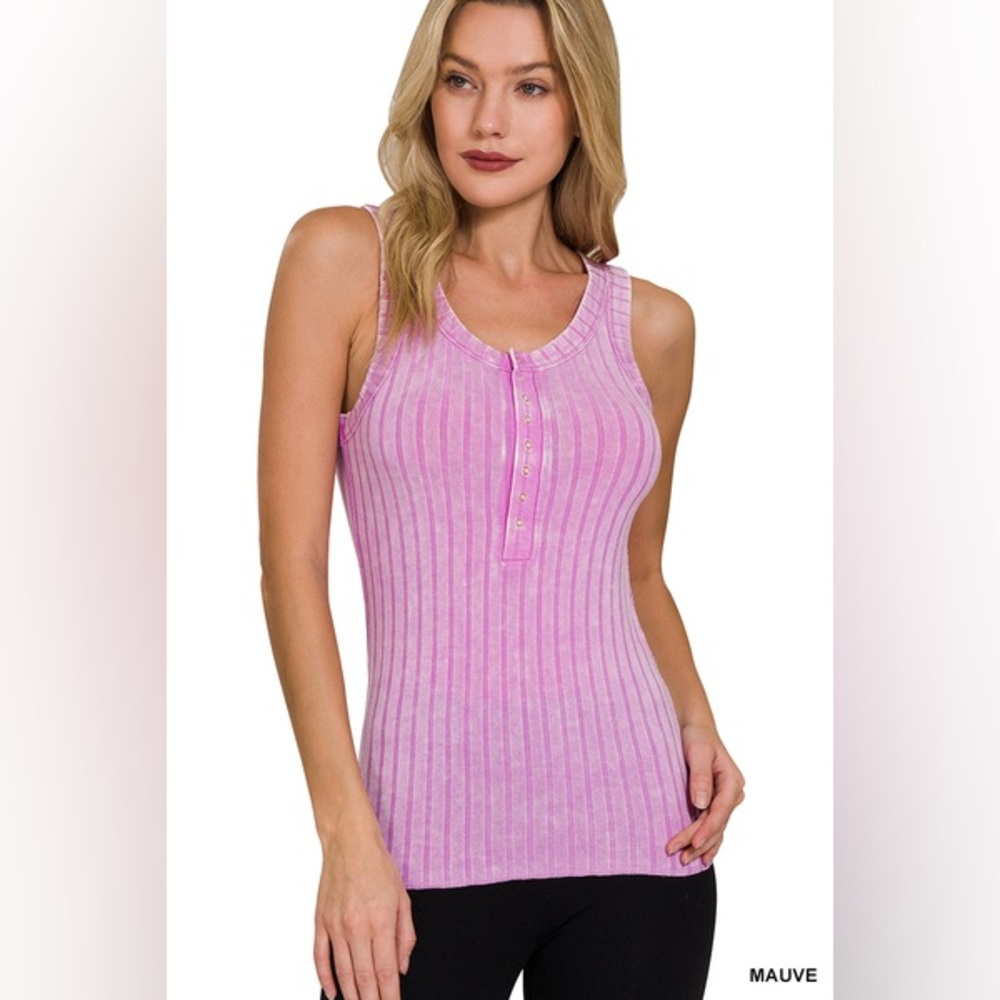 🆕 Zenana WASHED RIBBED SCOOP NECK HENLEY TANK TOP